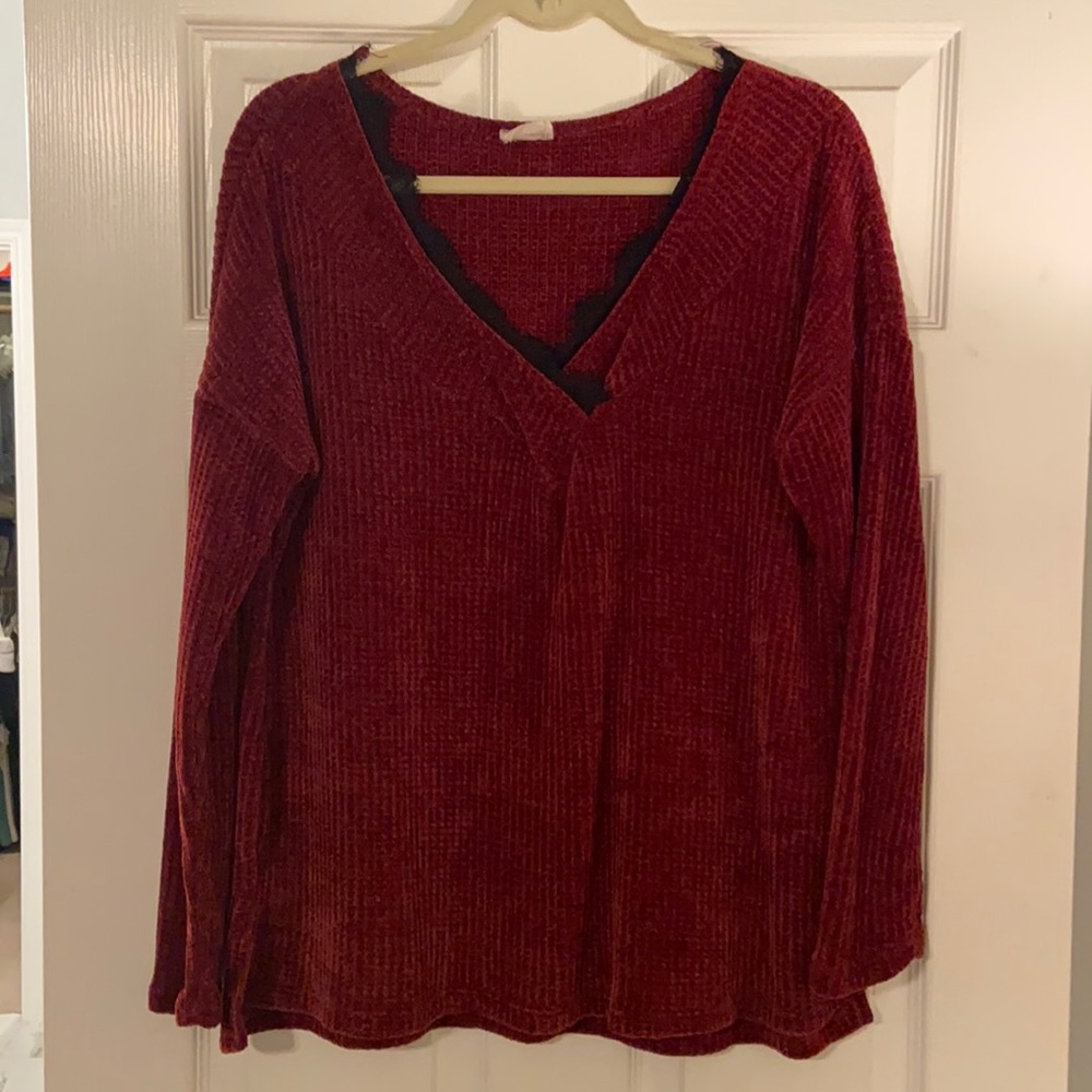 Burgundy Chenille Sweater with Black Lace Trim at V-Neck